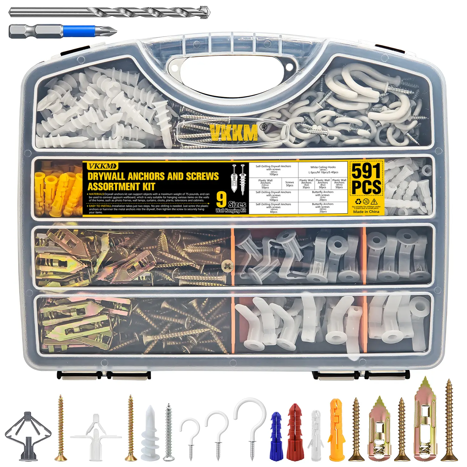 VKKM 591PCS 9 Sizes Drywall Anchors and Screws Assortment Kit, Plastic Wall Toggle Anchors & Ceiling Hooks with Drill Bits, Heavy Duty Wall Fasteners for Pictures, Shelves, Curtains Hanging & Household DIY Repair Projects