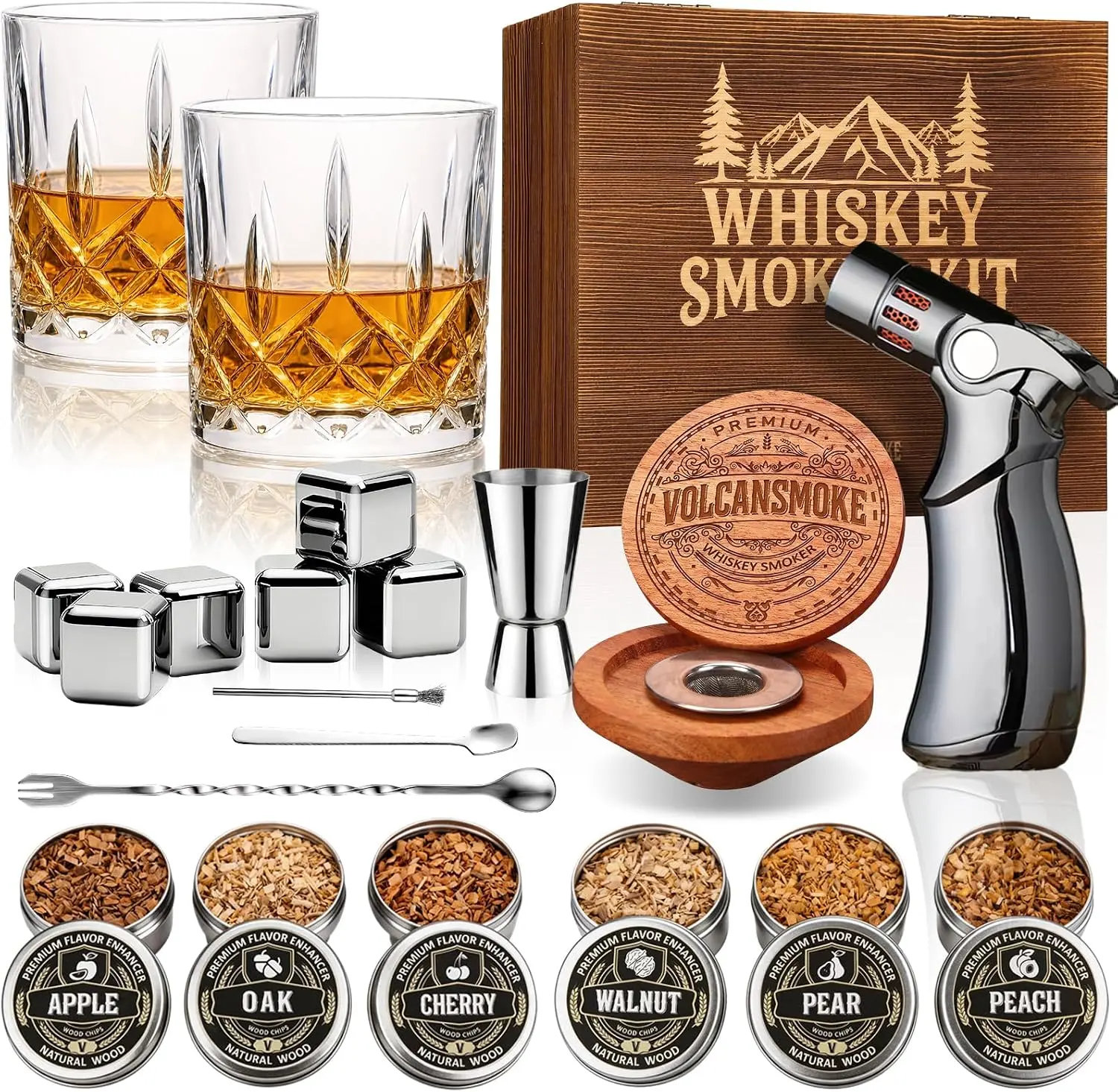 No-Butane Bourbon & Whiskey Cocktail Smoker Kit with 6 Natural Fruit Wood Chips - Home Bar Drink Smoke Infuser, Luxury Gift for Men (Dad, Husband) for Birthday, Father’s Day