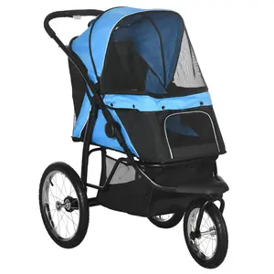 PawHut Pet Stroller for Small and Medium Dogs, 3 Big Wheels Foldable Cat Stroller Jogger with Adjustable Canopy, Safety Tether, Cushion, Storage Basket,, Red