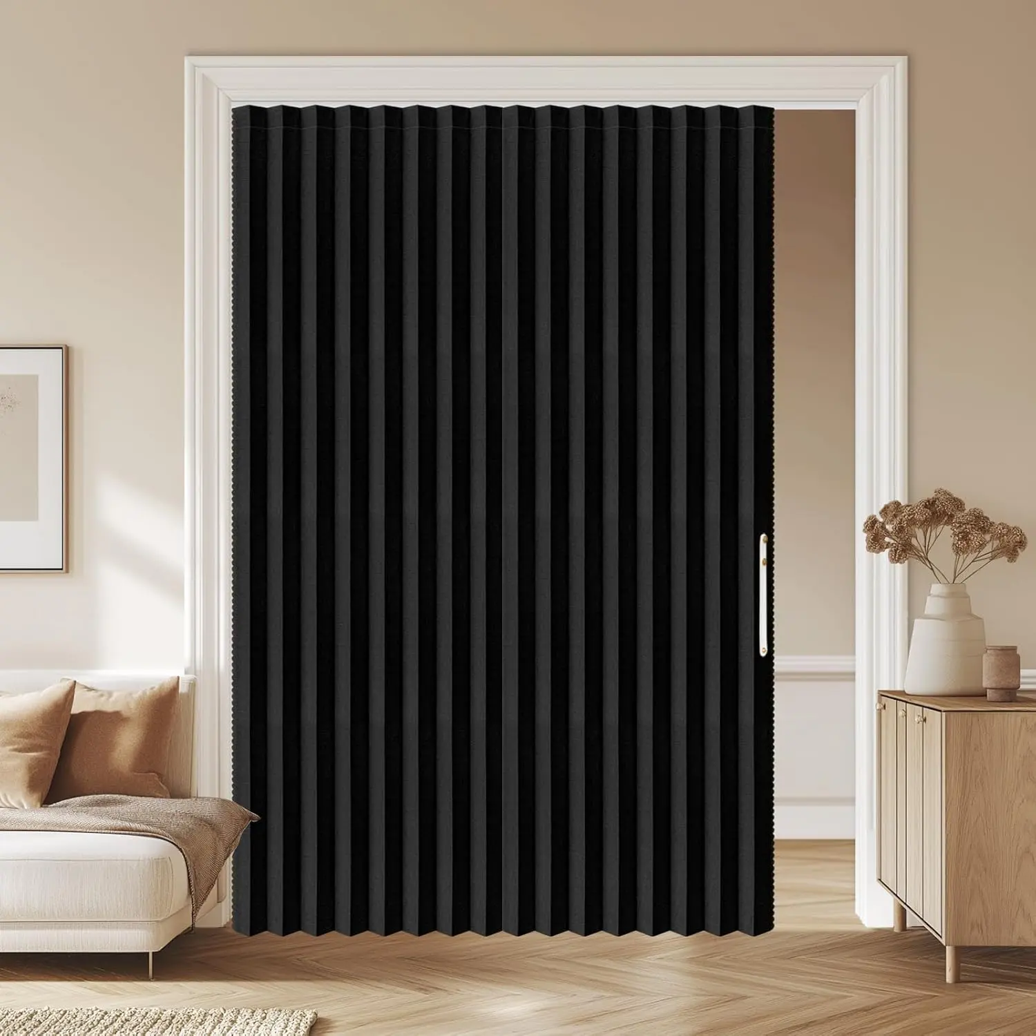 Blackout Sliding Door Curtains for Doorways, Accordion Doors for Doorway,  Door Curtain for Bedroom Living Room Doorway Curtain Sets Included Tracks (1 Pack, 72W x 79 L, Black)