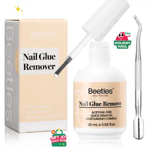 Beetles Nail Glue Remover Glue 20ml for False Nails, Press on Nails Glue Gentle Remover for Fake Nail Tips Acrylic Nail Adhesive Remover with Cuticle Pusher, Not for Uv Gel Glue or Gel Polish