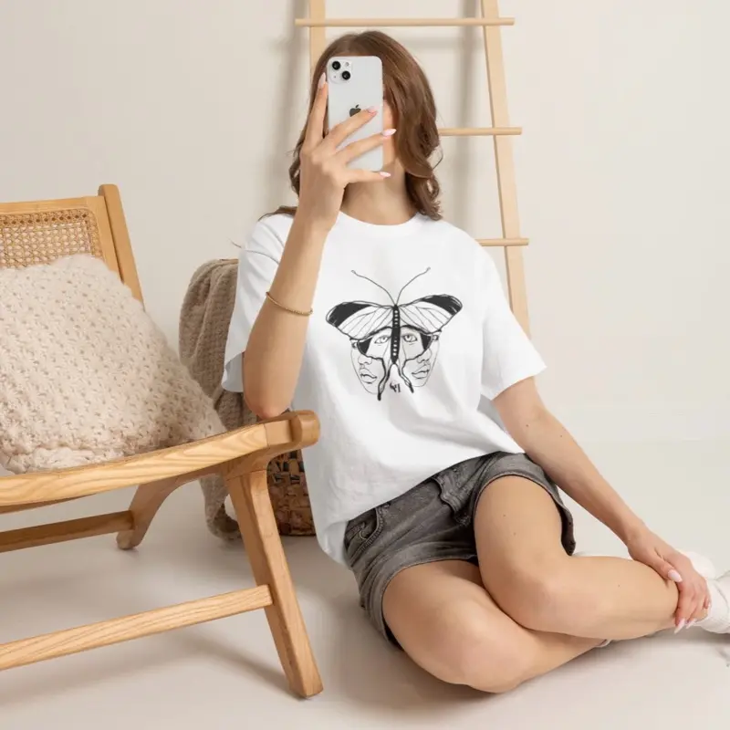 Unisex Lady Luna Moth Print Tshirt - Heavy Cotton Round Neck Short Sleeve Casual Top, Abstract Spiritual Line Art, Everyday Fashion Tee