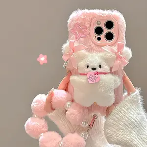 Three-Dimensional Bow Dog Plush Phone Case with Bracelet for iPhone 16 Pro Max Autumn and Winter New Plush