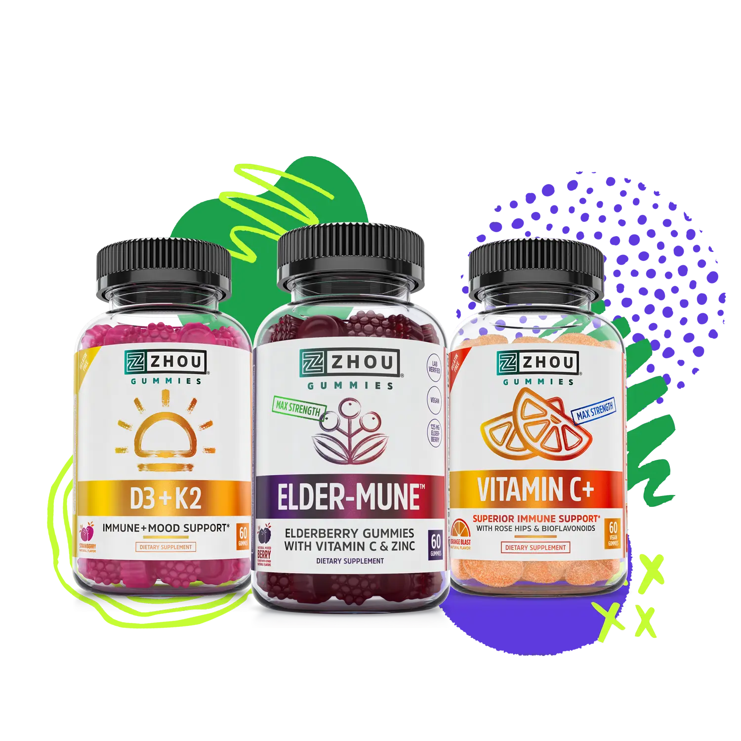 Immunity Bundle - Vitamin C+, Elder-Mune & D3 + K2 Gummies - 60 Count - Gluten-Free, Lab-Verified - Made in USA - Fitness