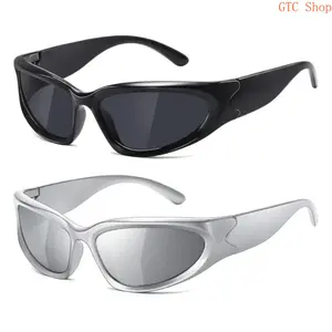 Y2K Retro Rimless Wrap Around Sunglasses for Women & Men, 2000s Futuristic Black Rave Party Shades, UV400 Polarized Lightweight Sports Fashion Eyewear Ideal for Daily Streetwear, Party & Outdoor Activities