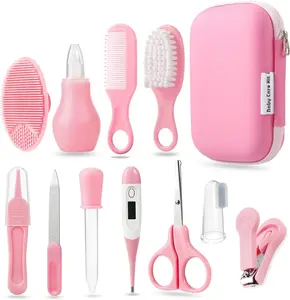 Baby Healthcare & Grooming Kit - Baby Safety Set Comb, Brush, Finger Toothbrush, Nail Clippers, Scissors, Nasal Aspirator - Nursery Care Kit Pink/Blue