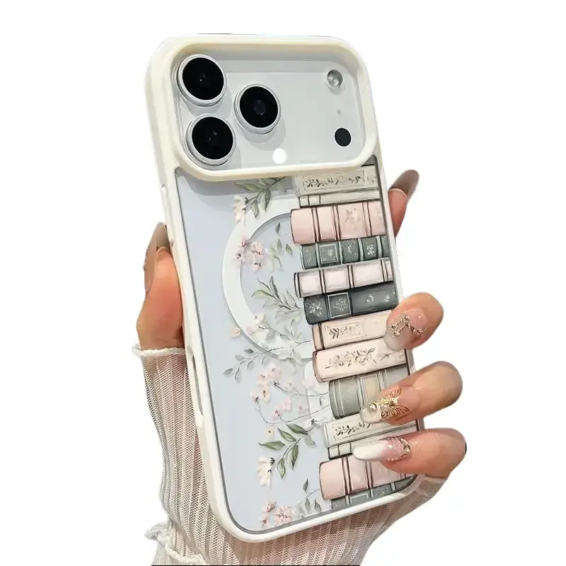 Magnetic Phone case for iPhone 17 16 Pro Max Plus 15 14 13 12 11 Air E Floral Book Stack Pattern Non-Yellowing Shockproof Soft Silicone Transparent Acrylic Cover Supports Wireless Charging