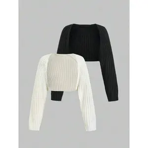 Women's Solid Crop Cardigan, Casual Long Sleeve Open Front Knitwear for Spring & Fall, Fashion Women's Knit Clothing for Daily Wear, Tops