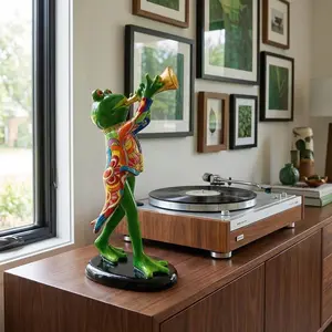 Groovy Green Frog Resin Statue, Retro Trumpet Player Figurine, Bold Multicolor Art Decor, Quirky Shelf Display Accent, Whimsical Home Decor Piece for Music Lovers and Collectors
