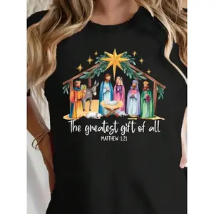2025 New Women's Black Christmas Scene Pattern T-Shirt - Soft Stretch Round Neck Short Sleeve Casual Top With Star And Manger Design, Machine Washable And Comfortable For All Seasons, Cartoon T-Shirt, Holiday Outfit, Breathable Shirt