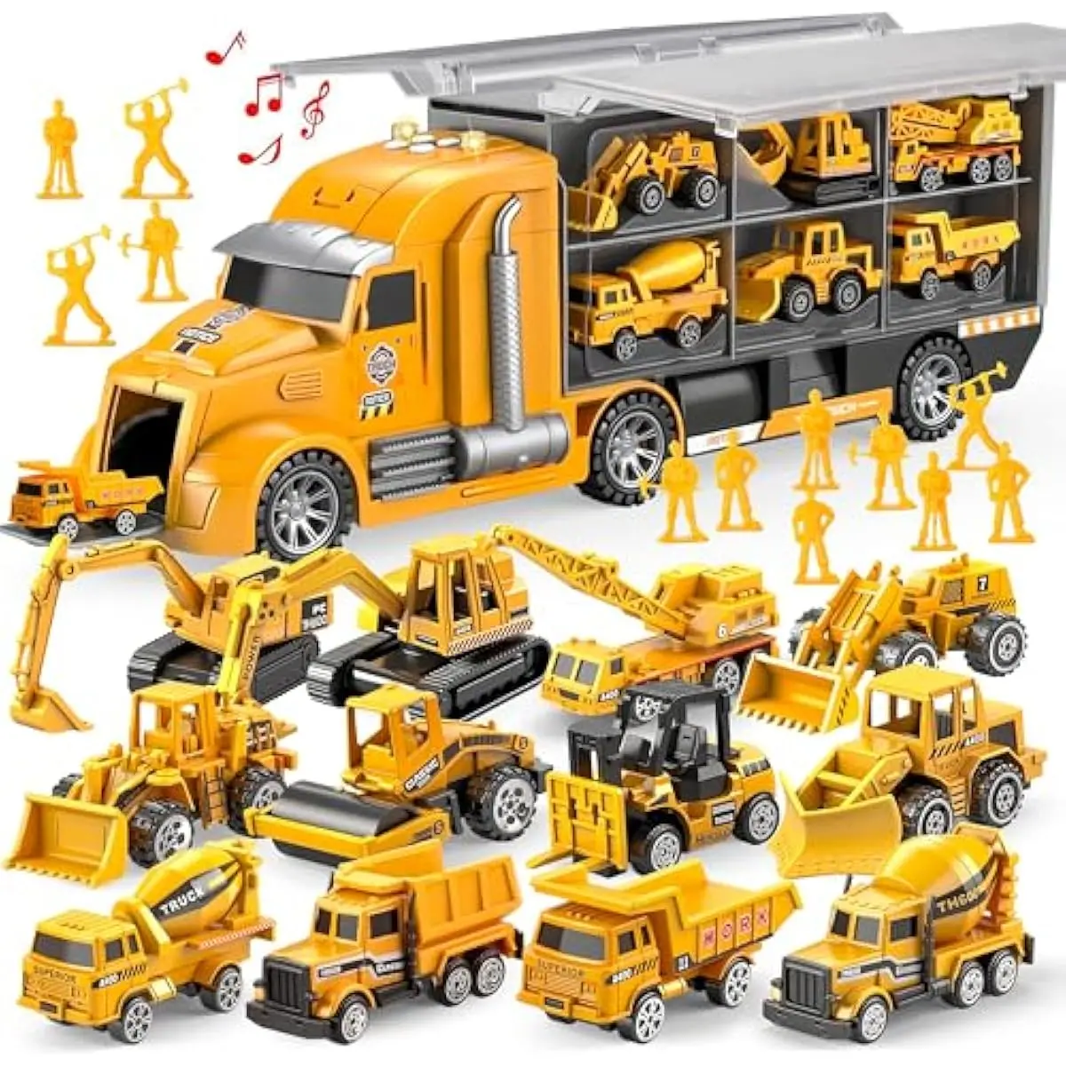 25-in-1 Construction Truck Toy Set with 12 Vehicles & 12 Worker Figures, Push and Go Toy Trucks with Sound and Light, Construction Toys Birthday Gifts for Kids 3 4 5 6 7 Years Old