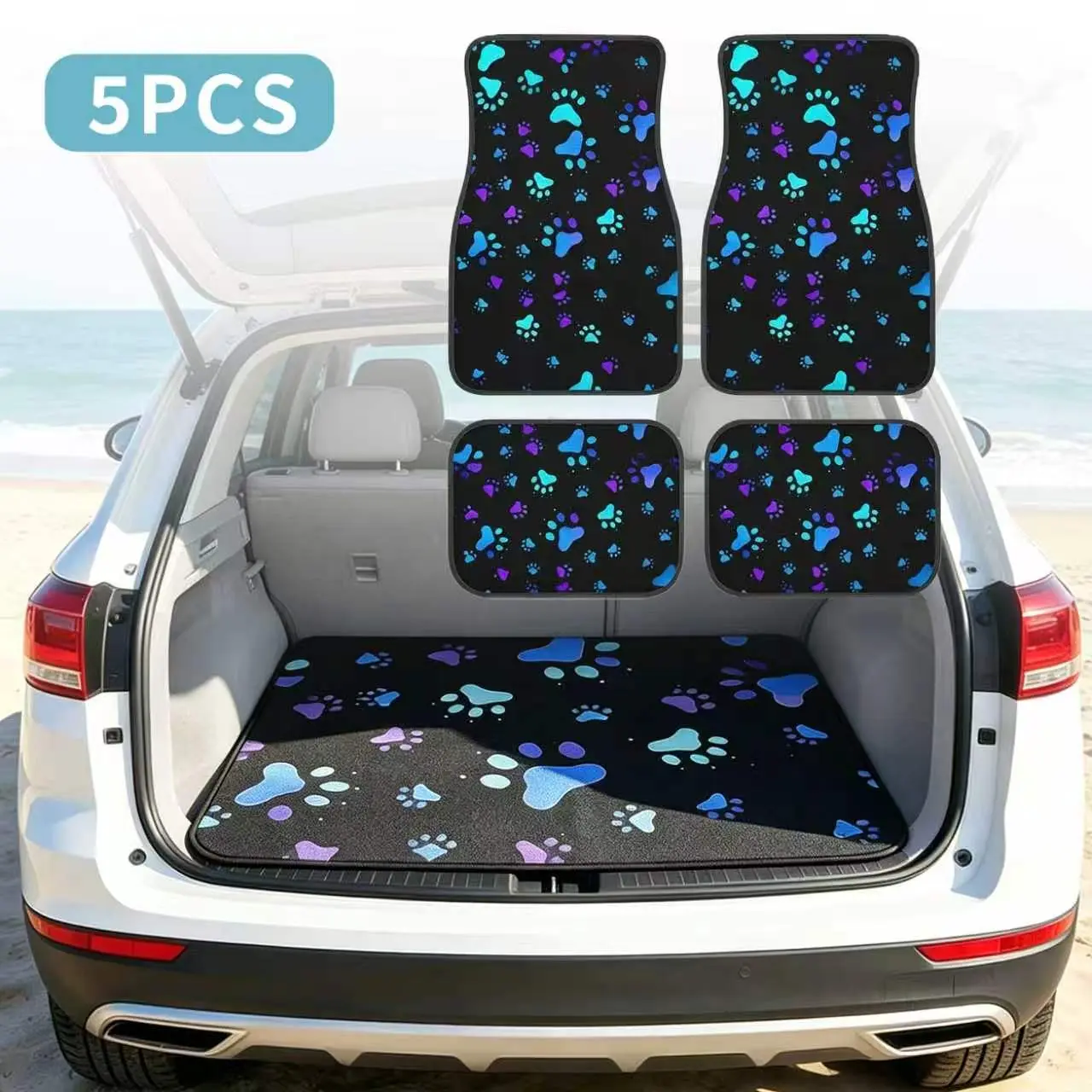 5-Piece Pet Paw Print Printed Car Mats, Durable Wear-Resistant Non-Slip Polyester Fiber Mats, Ideal for Front & Rear Vehicle Interior Floor Coverings