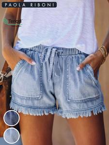 women's plain drawstring waist denim shorts, casual soft loose fit fashion pocket shorts for daily wear, summer shorts, ladies summer bottoms, shorts for women, womenswear, jean shorts, casual breathable shorts