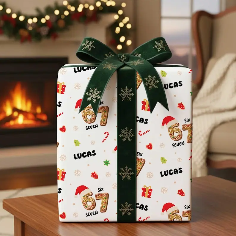 Custom Six Seven Christmas Wrapping Paper, Funny 67 Meme Gift Wrap for Birthdays, Holiday Wrapping Roll, Trendy Gift Wrap for Gen Z Teenager