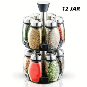 12JAR Set Large Capacity Revolving Spice Rack Tower - 360° Rotation, Lead-Free, Polished Metal Seasoning Seasoning Utensils
