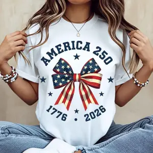 America 250 Stars And Stripes Bow Print T Shirt White Crew Neck Casual Top For Celebration