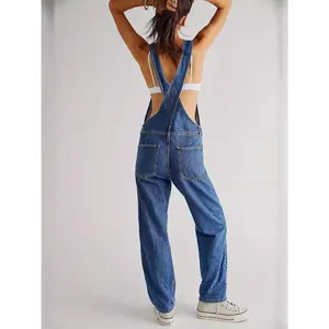 ELEGANT APPAREL CO. Women's Strappy Plain Sleeveless Loose Oversize Solid Denim Bib Overalls Jumpsuit - Straight Wide Leg, Pocketed, Machine Washable, Casual Spring Summer Wear, Sizes S-XXL