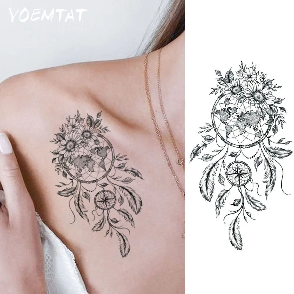 Dreamcatcher World Map Sunflower Waterproof Temporary Tattoo Sticker Boho Feather Compass Body Art Arm Fake Tattoos Sleeve For Women Men Aldult Shoulder Back