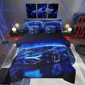 Feelyou 7-Piece Microfiber Boys Bedding Set, Blue Race Car Print Comforter Set with Sheets, Extreme Sports Theme Bed-in-A-Bag Including Breathable Blanket