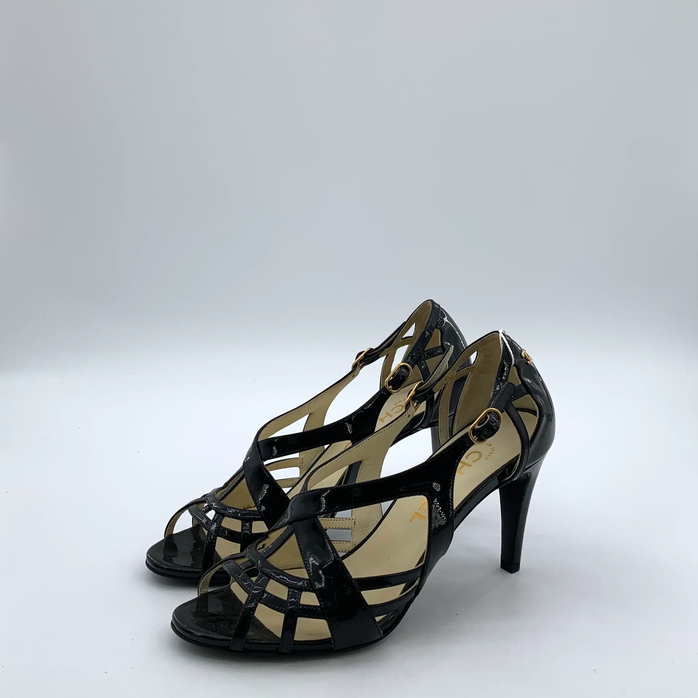 RDLT-Chanel Size 37 Black Cutout Strap Buckle Stiletto Heels-J36070
