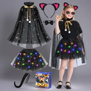 L-P016   LED Light Up Black Cat Costume for Girls! 7-Piece Complete Set with Glowing Cape & Accessories for Ages 3-8, Magical Glow Halloween Costume with Light Up Features
