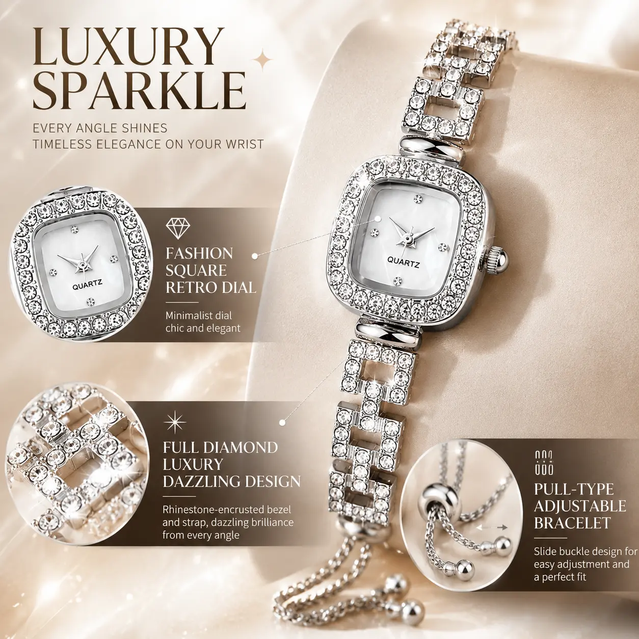 Watch for Ladies and Women, Square Rhinestone Decor Watch with Adjustable Strap, Elegant Square Dial Stylish Watch for All Seasons, Rhinestone Watches, Fashion Watches, Fashion Wristwatches Comfortable Strap, Valentine'sDayGift ﻿