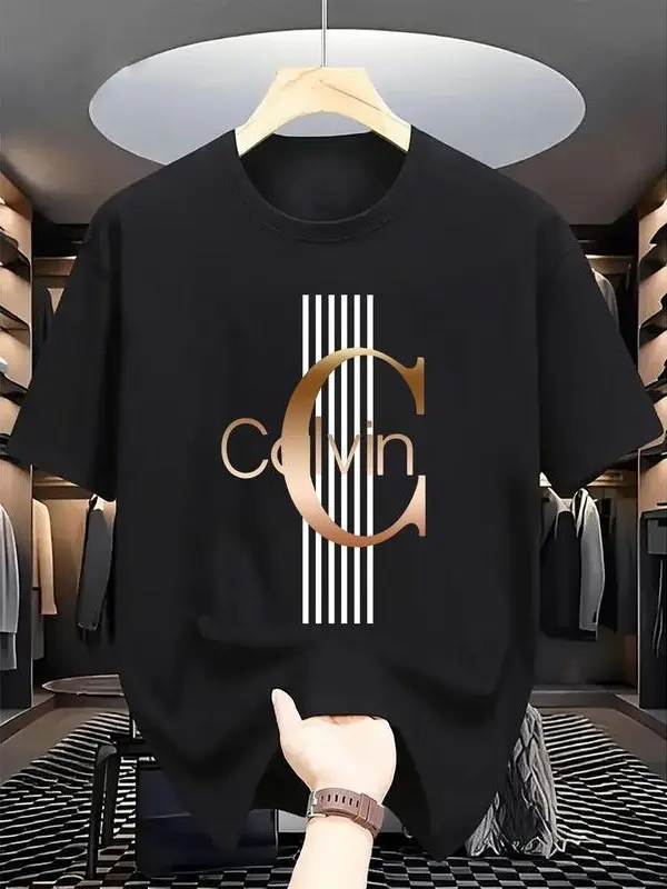 Men'S Casual Calvin Graphic T-Shirt - Bold Letter Print with Black Stripes & Golden Accents, Breathable Round Neck Summer Streetwear, Machine Washable, Comfortable Everyday Fashion Tee, Everyday Tshirt |Bold Letter Print |Comfortable Fit, T Shir Cotton
