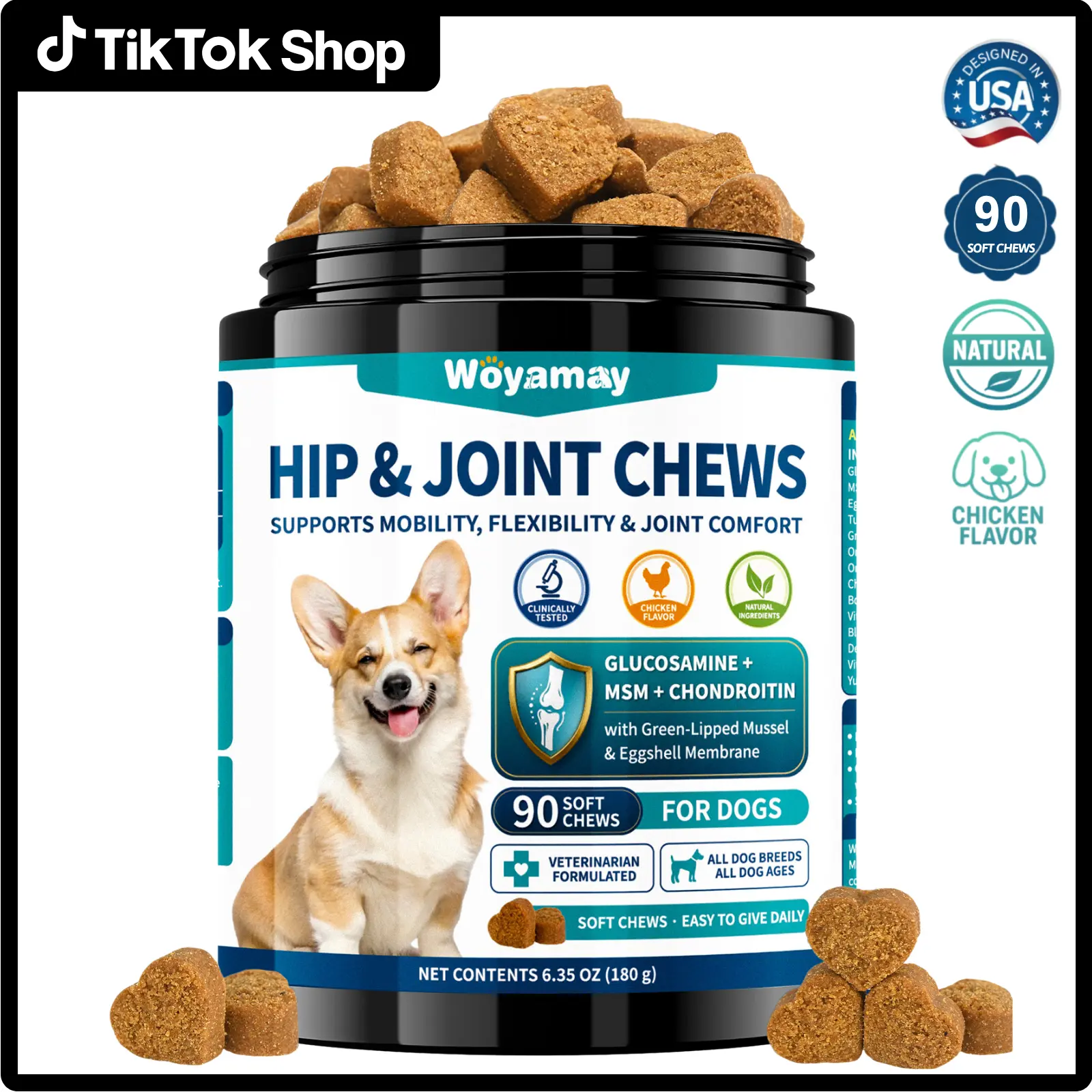 Advanced Dog Hip & Joint Supplement, Glucosamine, MSM, Chondroitin, Multi-Vitamins and Green Lipped Mussel Support Dog Joint Health, Hip and Joint Chewables for Dog Puppy All Breeds - Chicken Flavor