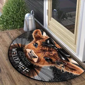 Bow Highland Cow Half Round Welcome Mat, Non-Slip Soft Comfortable Home Decorative Rug for Home, Cow Print Animal Print Rug, Washable Foldable Carpet for Living Room and Bedroom