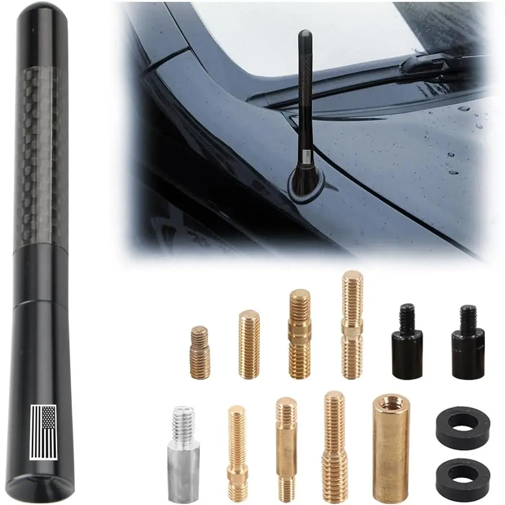 Car Short Antenna, 4.7 Inch Carbon Fiber American Flag Aluminum Auto Radio Antenna for AM/FM Reception, Universal Replacement Car Antenna with 9 Adapters, 2 Screws, 2 Rubber Rings