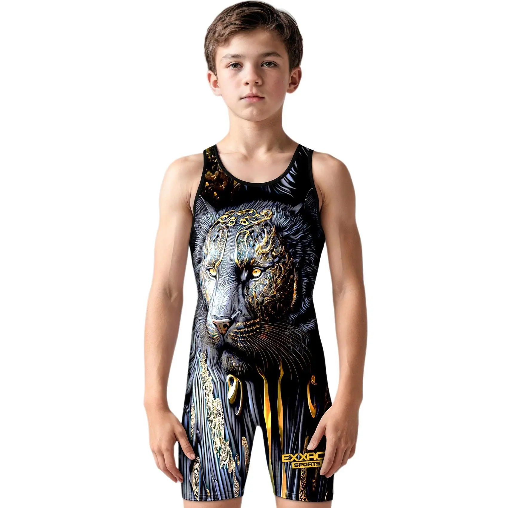 Exxact Sports Youth Boys' Lion Sublimated Wrestling Singlet, Polyester Spandex Compression Fit with 4-Way Stretch & Anti-Chafe Seams for MMA, BJJ, S, Martial Arts, Male, Fitted