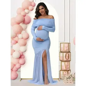Maternity long sleeve off shoulder dress solid color mesh panelled split hem gown for baby shower photosparty party
