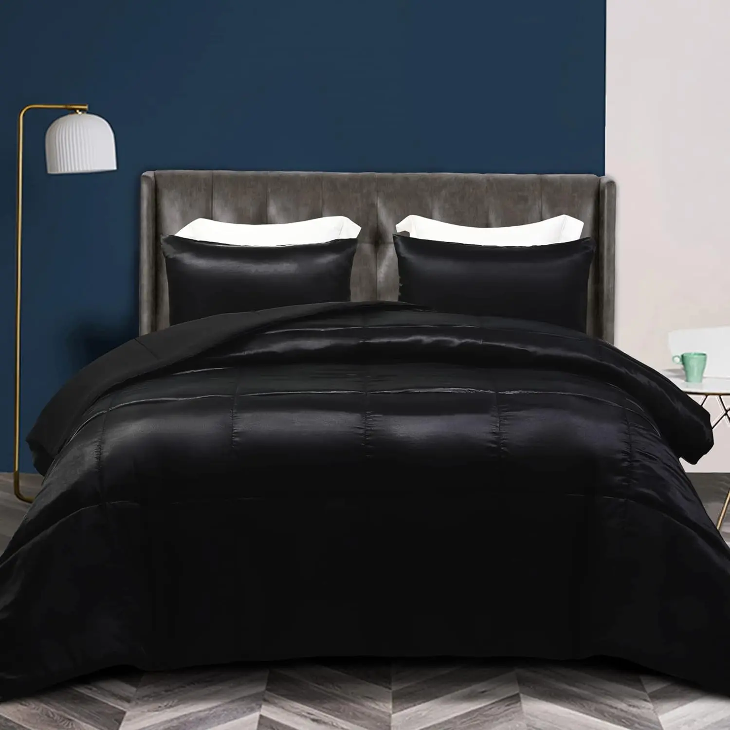 3-Piece Reversible Queen Size Silky Comforter Set/Bedding Set, Luxury Soft Satin Comforter with 2 Satin Pillowcases, Lightweight Duvet Set for All Seasons, Black