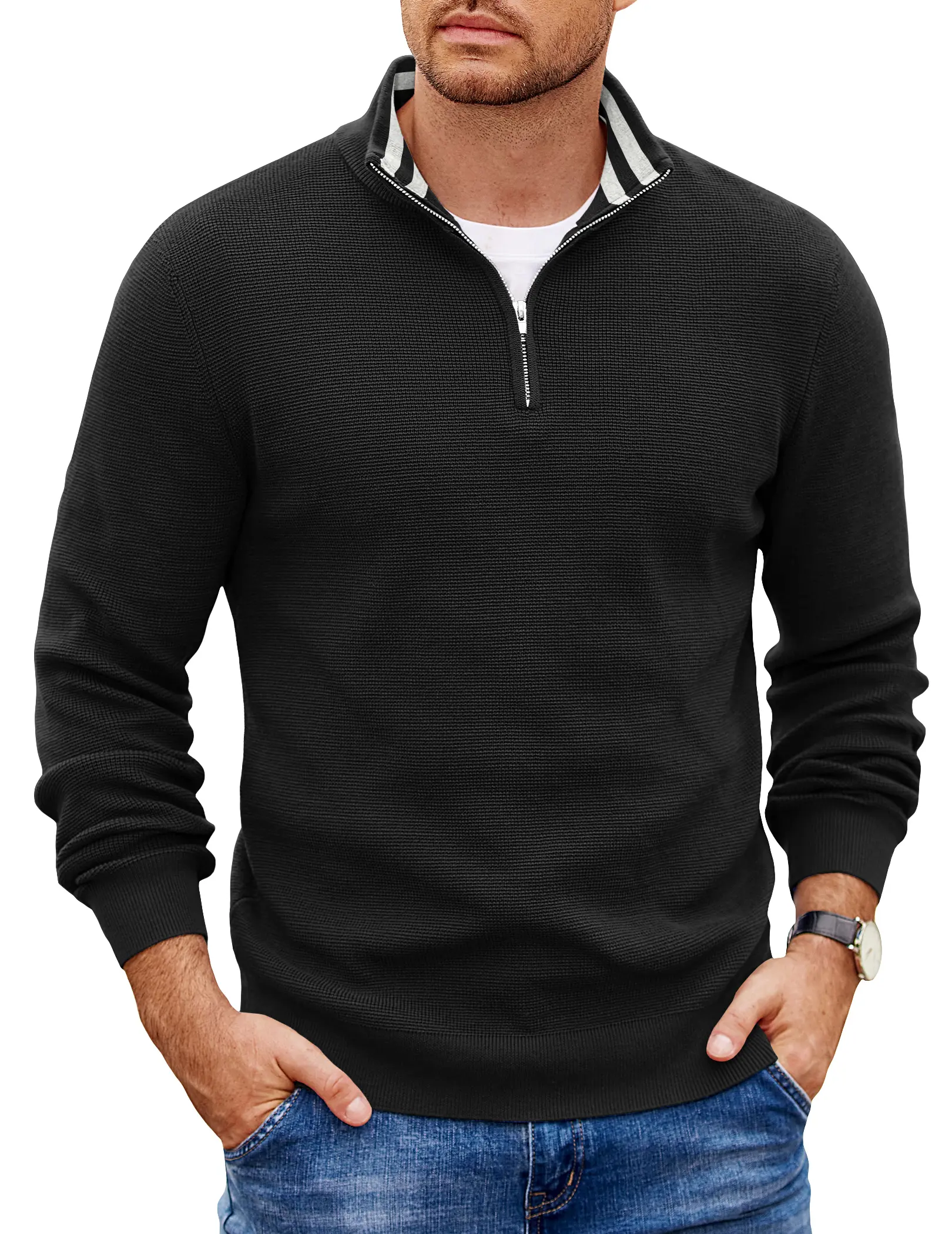 COOFANDY Mens Quarter Zip Pullover Slim Fit Lightweight Sweater Casual Mock Neck Knit Polo Sweater