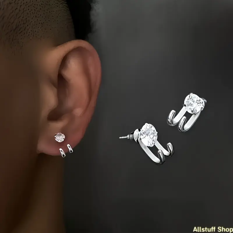 1-2pcs Fashion Men's Jewelry, Stainless Steel Cubic Synthetic Cubic Zirconiaia Stud Earrings in Trendy Hip-Hop Style, Men's Earrings, Plain Stud Earrings