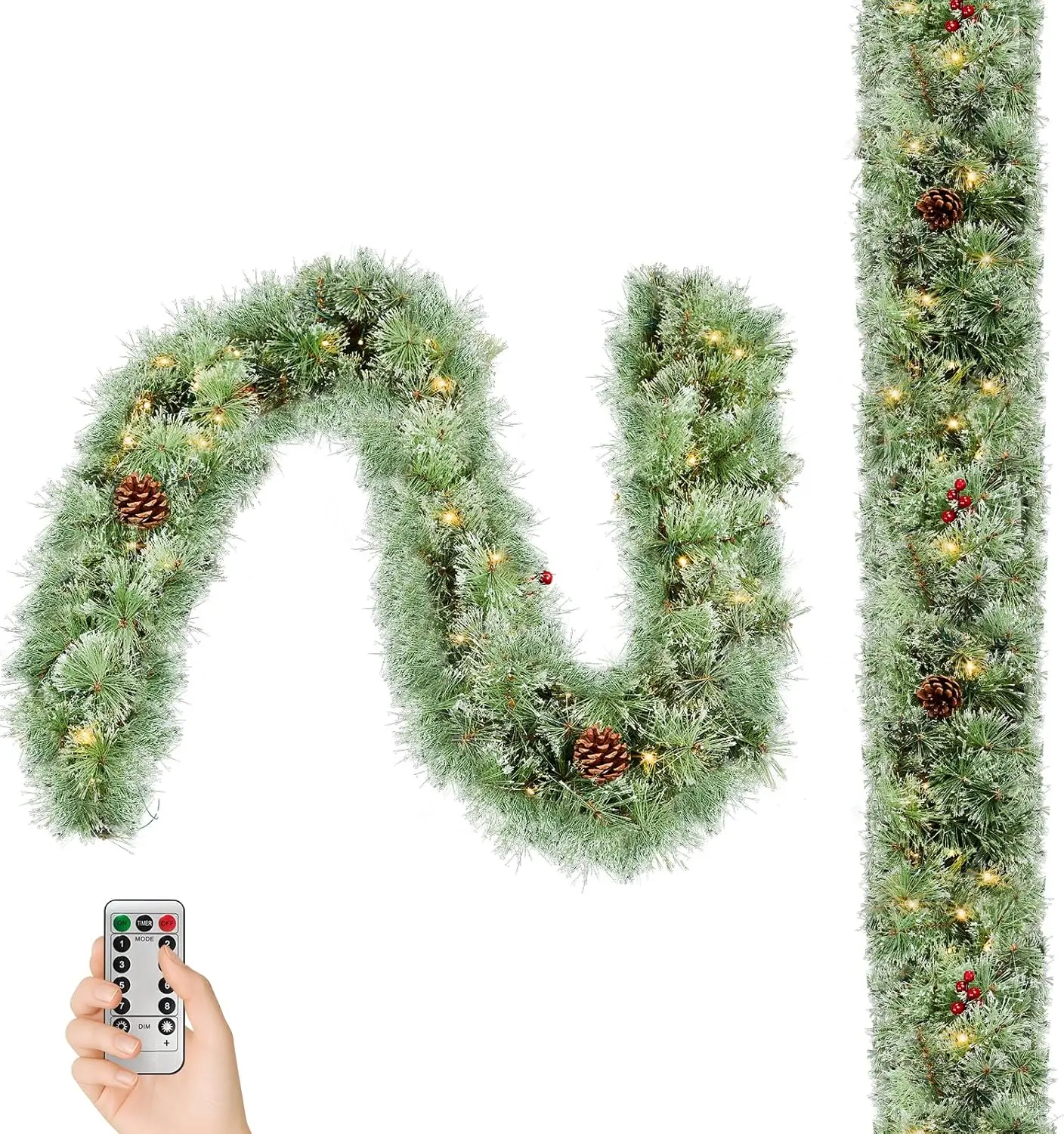 2 Pack 9FT Snow Flocked Christmas Garland, Pre-lit Lighted Artificial Xmas Garland with 200 Warm Lights and 440 Tips and Red Berries, Front Door Gate Wall Party Decorations, Light Green