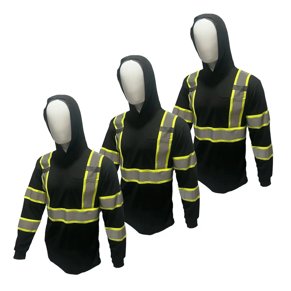 3 PACK Safety BLACKHigh Visibility Safety Shirts for Men with Hood Reflective Long Sleeve Shirt ASIN Class 3 Hi Vis Construction T Shirt