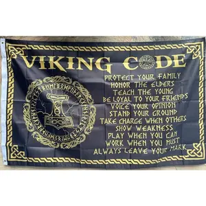 3x5 ft Viking Codex Banner, Nordic Style Norse Mythology Values & Principles Flag, Black Background, Bold Print, Ideal Gift for Viking Men, Home Decor Supplies