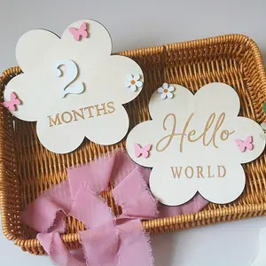 Flower Shaped Wooden Milestone Sign, Wooden Milestone Sign with Butterfly & Flower Decor, DIY Replaceable Number Sign, Wooden Letter Sign