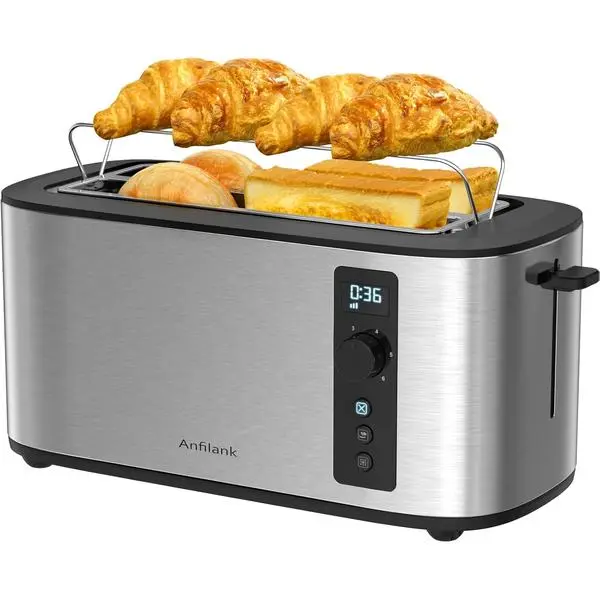 Anfilank Toaster 4 Slice with Countdown Timer, Extra Wide Slots for Bagels and Waffles, 6 Browning Settings, Removable Crumb Tray, Stainless Steel