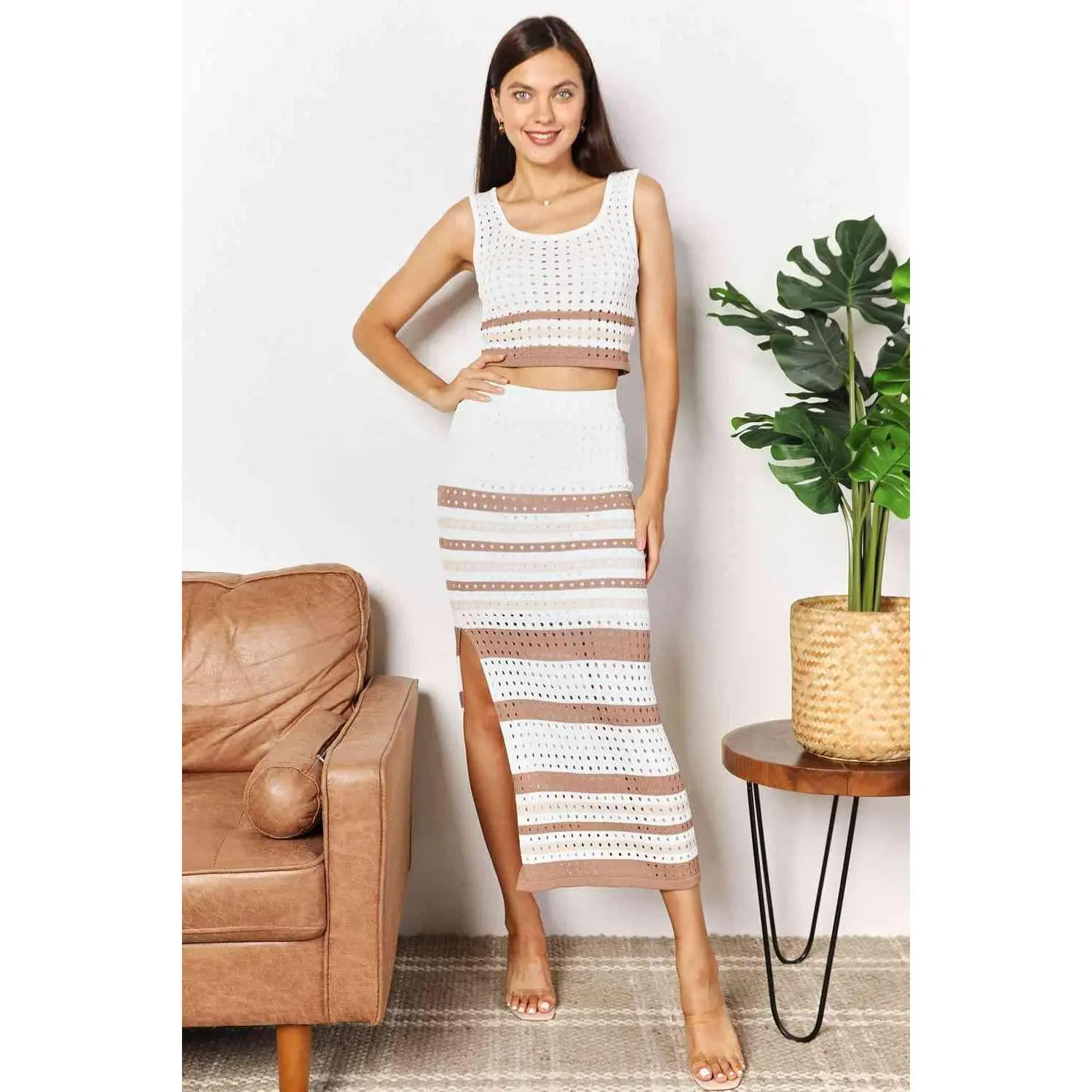 Double Take Striped Openwork Cropped Tank and Split Skirt Set