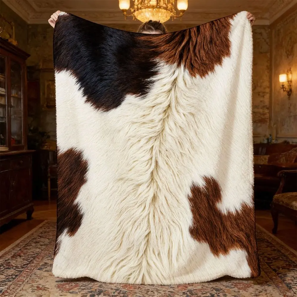 Luxury Cowhide Blanket, Brown Black White Faux Fur Cow Print Throw Blanket, Western Farmhouse Blanket for Couch Sofa Bed Bedroom Decor, Rustic Ranch Home Decor Gift for Cowgirl Lovers
