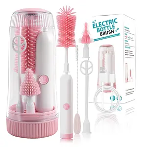Electric baby bottle brush cleaner, electric baby bottle brush set, includes a waterproof bottle cleaner, nipple brush, straw cleaner, mixer, and bottle drying rack. Rechargeable, with two cleaning modes.