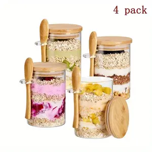4-Pack 16oz Overnight Oat Glass Jars with Bamboo Lid, Large Capacity Breakfast Bowl, Food Storage Container, Transparent Container, Kitchen Accessories
