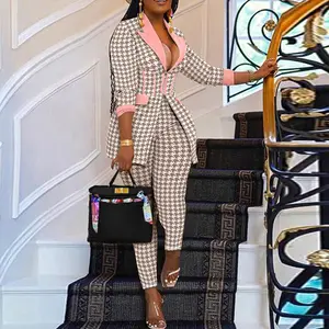 ChicMe Houndstooth Print Notched Collar Zip Front Flap Detail Corset Slit Coat/Print Blazer and Elastic Waist Slim Fit Pants Set Blazer Set