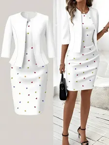 Women's Spring Summer Fall Knitted Cardigan Top, Slim Waist & Print Design, Classic Straight Dress Set, Elegant Wedding Guest Gown, Casual Wear, Outfit, Chic Womenswear