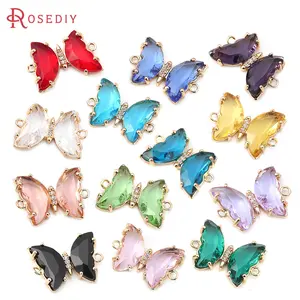 6PCS 18K Gold Color Brass and Zircon and Glass 2 Holes Butterfly Connect Charms Pendants Jewelry Making Supplies Accessories