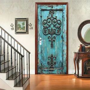 Country Style Sky Blue Door Sticker, Metal Scroll Design, Perfect for Bedroom Wall Decor, Modern Abstract Art Door Decal, Decorative Stickers, Homedecor