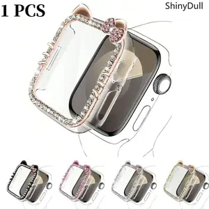 Apple Watch 2-in-1 Case with Cartoon Cat Ears & Rhinestone – Ultra-Thin Tempered Glass Anti-Fall, 40-46mm, Series SE/11/4-10