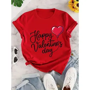 Women's Short-Sleeve Cotton Knitted T-Shirt Tops - Round Neck, Rolled Sleeves, Geometric Red Heart Balloon Print, Lightweight Breathable H-Shape Loose Fit Clothes, Valentine's Day Party & Casual Wear, Gift for Her (Machine Washable)